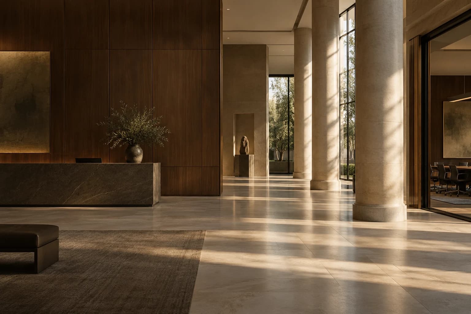 An architectural law office with walnut walls and limestone columns
